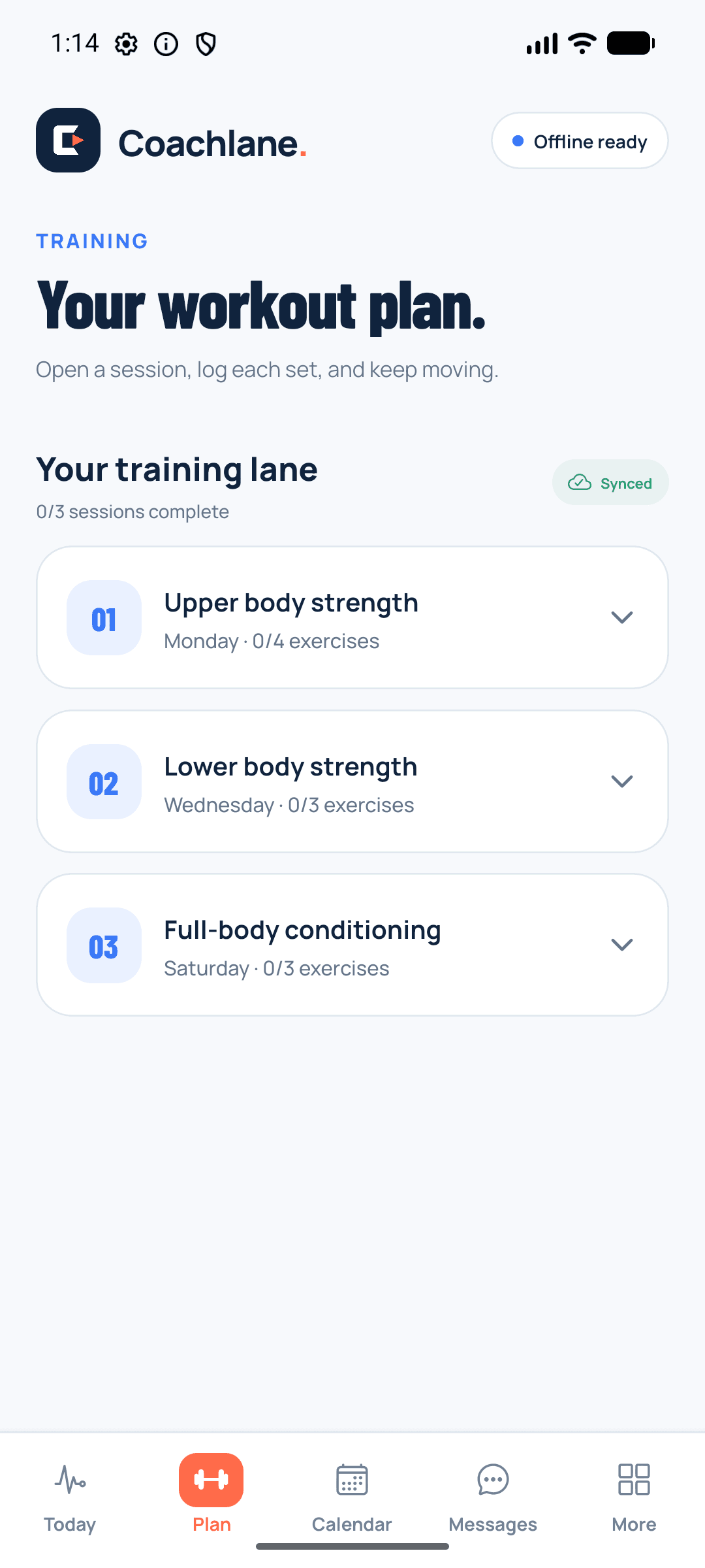 Coachlane client training plan screen