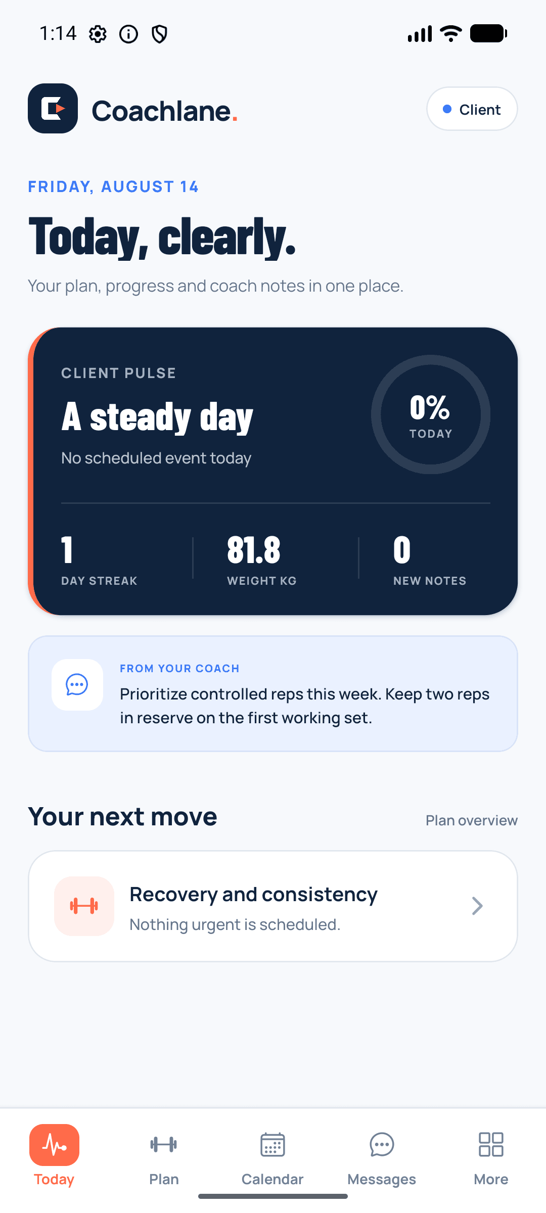 Coachlane client Today screen