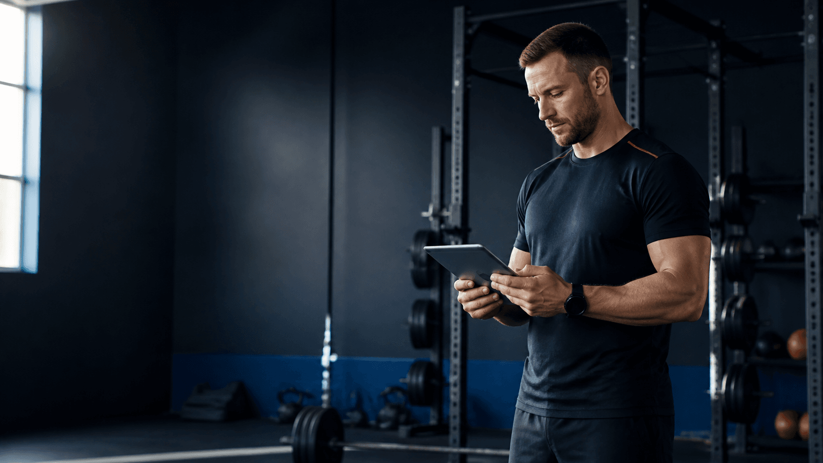 Fitness coach reviewing a client plan on a tablet in a strength gym